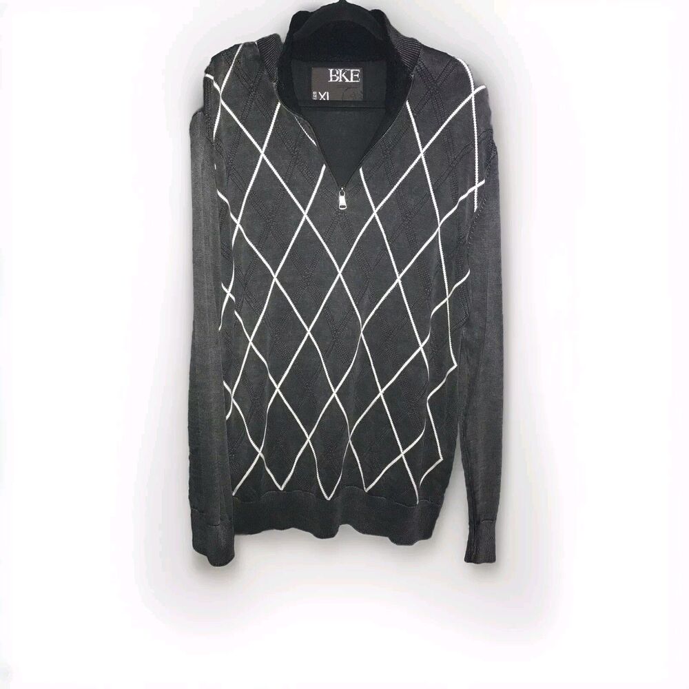 BKE Men's 1/4 Zip Sweater XL Long Sleeve‎ Argyle Black Grey White Pullover